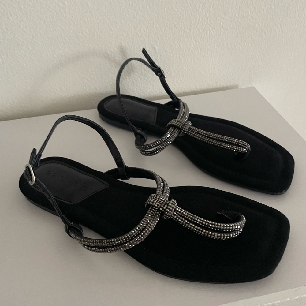 Primark Black T strap Sandals with Rhinestones  Detailing size 8 New